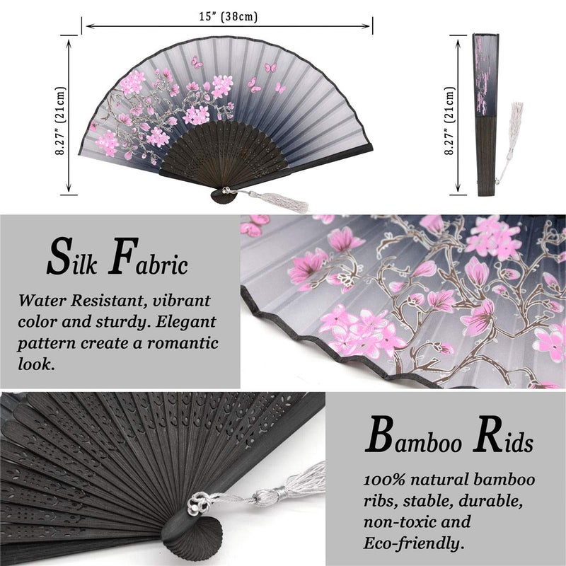 Zolee 2 PCS Small Folding Hand Fans for Women - Chinese Japanese Vintage Bamboo Silk Fans - for Dance, Performance, Decoration, Wedding, Party, Gift (Gray & Pink Sakura) - Image 2